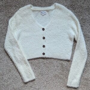 JUN & IVY Womens Sz S Ivory Long Sleeve Cropped Cardigan Sweater Fuzzy Preppy